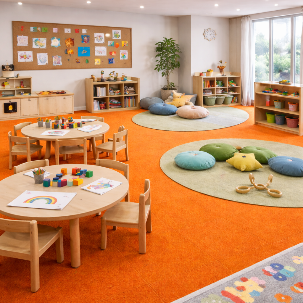  clearance-lines-and-weekly-specials-video product-details Chanson-33-Bright-Orange-50cm-x-50cm-Carpet-Tiles-29.5-square-metres-available-model-1904Mockup-1