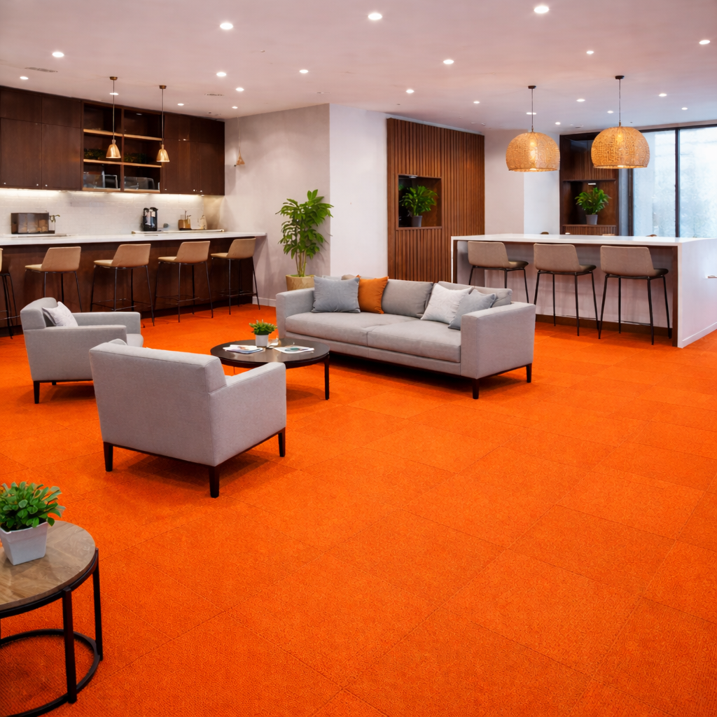  clearance-lines-and-weekly-specials-video product-details Chanson-33-Bright-Orange-50cm-x-50cm-Carpet-Tiles-29.5-square-metres-available-model-1904Mockup-2